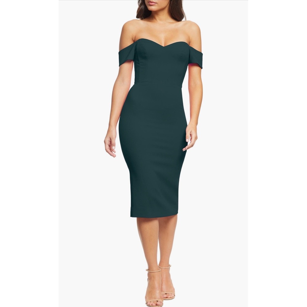 NWT Dress the Population Bailey Off the Shoulder Body-Con Dress in Pine‎  Small